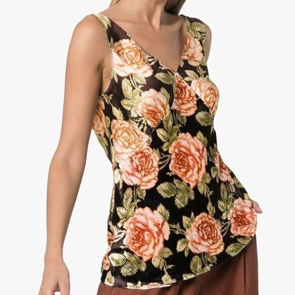 PACO Rabanne Silk Velvet Mixed Media Floral Rose V Neck Blouse 38 - Picture 1 of 8